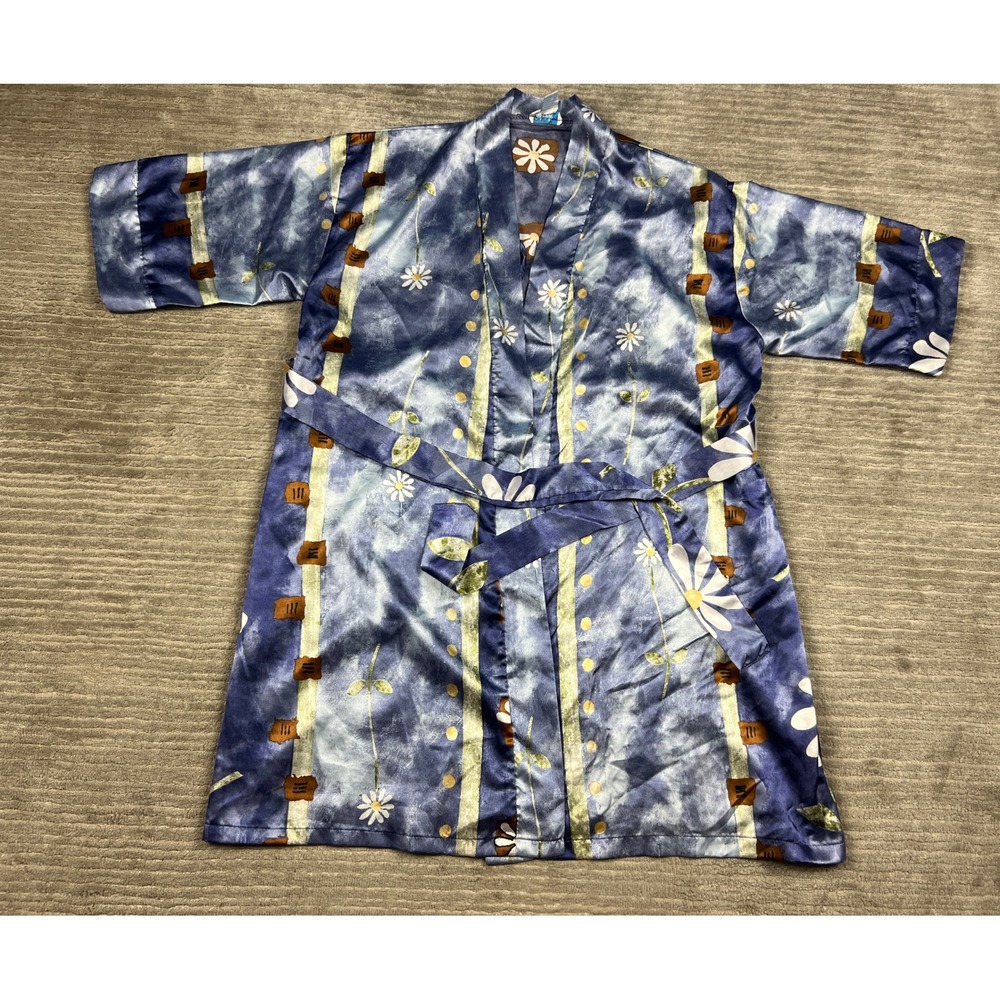 Gabrielle Intimate Robe Womens Med Blue Floral‎ Tie Dye Satin Kimono Wrap Belted